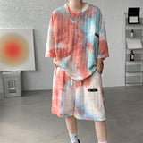 Colorful Tie-dye Pleated Ice Silk Short-sleeve Shorts Set