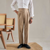 Men's Casual Retro High Waisted Pants Business Adjustable Waist Trousers