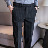 Men's Business High Waisted Pants Striped Slim Fit British Casual Trousers