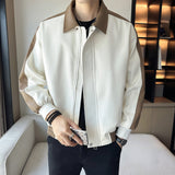 Contrast Color Leather Loose Casual Lapel Jacket