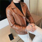 Men's Diagonal Zipper Slim Fit Short Suit Collar Leather Jacket