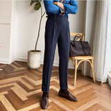 Men's Business Casual High Waisted Pants British Stripe Straight Leg Trousers