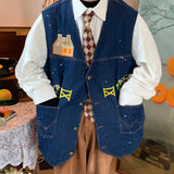 Vintage Casual Cow Pattern Denim Vest