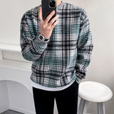 Men's Color Block Plaid Loose Round Neck Long Sleeve Retro Sweatshirt