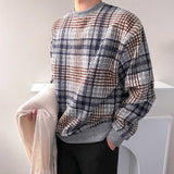 Men's Color Block Plaid Loose Round Neck Long Sleeve Retro Sweatshirt