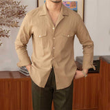 Cuban Collar Pocket Casual Long Sleeve Shirt