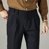 Men's Business High Waist Pants Casual Double Pleated Straight Trousers