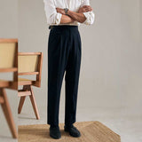 Men's Casual Retro High Waisted Pants Business Adjustable Waist Trousers