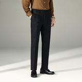 Men's Business High Waist Pants Casual Double Pleated Straight Trousers