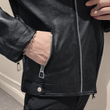 Black Casual Lapel Diagonal Zipper PU Leather Jacket