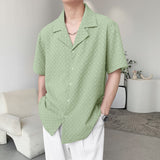 Casual Solid Color Cuban Collar Plaid Short Sleeve Shirt