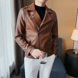 Men's Diagonal Zipper Slim Fit Short Suit Collar Leather Jacket