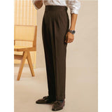 Men's High Waist Fold Pleated Suit Pants Work Office Business Long Trousers with Pockets