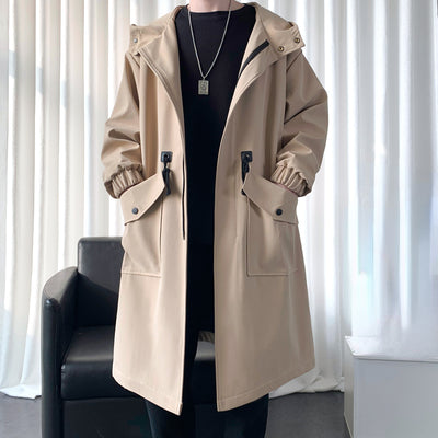 Men's Winter Casual Hooded Long Sleeved Mid Length Coat