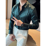 Mens Business Slim Fit Printed Long Sleeve Shirt