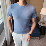 Men's Summer Slim Waffle Round Neck Solid Color T-Shirt