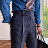 Men's Business Casual High Waisted Pants British Stripe Straight Leg Trousers