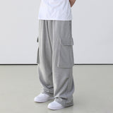 Drapey Gray Cargo Pants, Loose Wide-Leg Long Pants