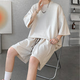 Rhombus Veins Drawstring Short Sleeve Shorts Suit