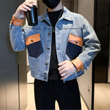 Men's Casual Long Sleeve Denim Jacket with Patchwork Lapels