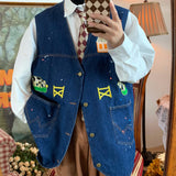 Vintage Casual Cow Pattern Denim Vest