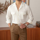 Cuban Collar Pocket Casual Long Sleeve Shirt