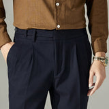 Men's Business High Waist Pants Casual Double Pleated Straight Trousers