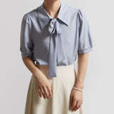 Bow-knot Collar Puff Sleeve Short-sleeved Shirt