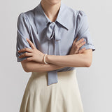 Bow-knot Collar Puff Sleeve Short-sleeved Shirt