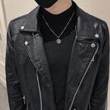 Black Casual Lapel Diagonal Zipper PU Leather Jacket