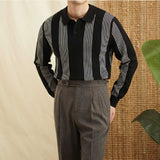 Vertical Striped Colorblock Lapel Sweater