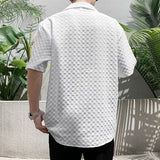 Casual Solid Color Cuban Collar Plaid Short Sleeve Shirt