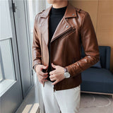 Men's Diagonal Zipper Slim Fit Short Suit Collar Leather Jacket