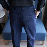 Men's Business High Waisted Pants Striped Slim Fit British Casual Trousers