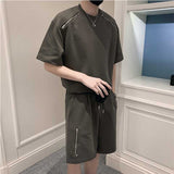 Summer Casual Multi-zipper Short-sleeve T-shirt Shorts Suit