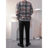 Men's Color Block Plaid Loose Round Neck Long Sleeve Retro Sweatshirt