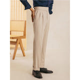 Men's High Waist Fold Pleated Suit Pants Work Office Business Long Trousers with Pockets