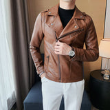 Men's Diagonal Zipper Slim Fit Short Suit Collar Leather Jacket