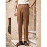 Mens High Waisted Pants Casual Paris Button Straight Slim Fit Trousers