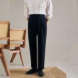 Men's Casual Retro High Waisted Pants Business Adjustable Waist Trousers