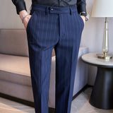 Men's Business High Waisted Pants Striped Slim Fit British Casual Trousers