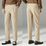 Men's Business High Waist Pants Casual Double Pleated Straight Trousers