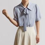 Bow-knot Collar Puff Sleeve Short-sleeved Shirt