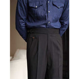 Men's British Casual High Waist Trousers Straight Leg Business Suit Pants