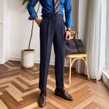 Men's Business Casual High Waisted Pants British Stripe Straight Leg Trousers