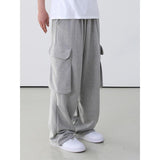 Drapey Gray Cargo Pants, Loose Wide-Leg Long Pants