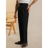 Men's High Waist Fold Pleated Suit Pants Work Office Business Long Trousers with Pockets