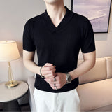 Men's Business Lapel Hollow Knit Thin Polo Shirt Short Sleeve T-Shirt