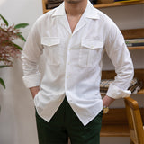 Men's Retro Slim Fit Cuban Collar Cotton and Linen Long Sleeve Shirt