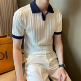 Colorblock V-neck Patterned Knitted Short-sleeved Shirt